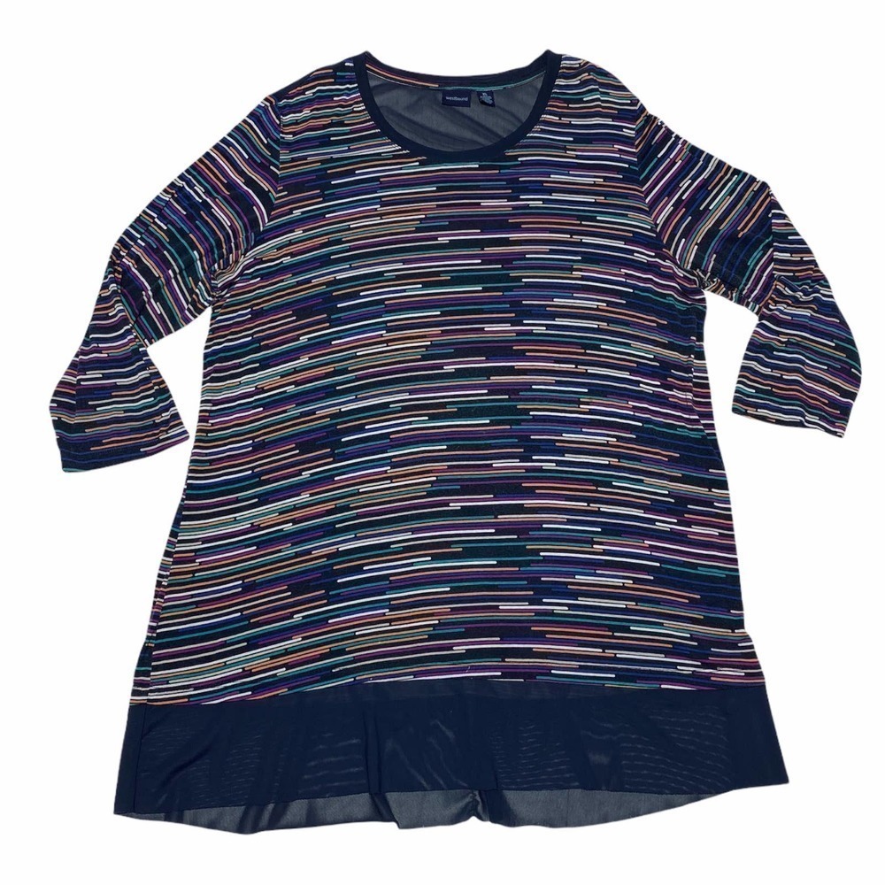 WESTBOUND Black Rainbow Striped Long Sleeve Sheer Trim Tunic Blouse